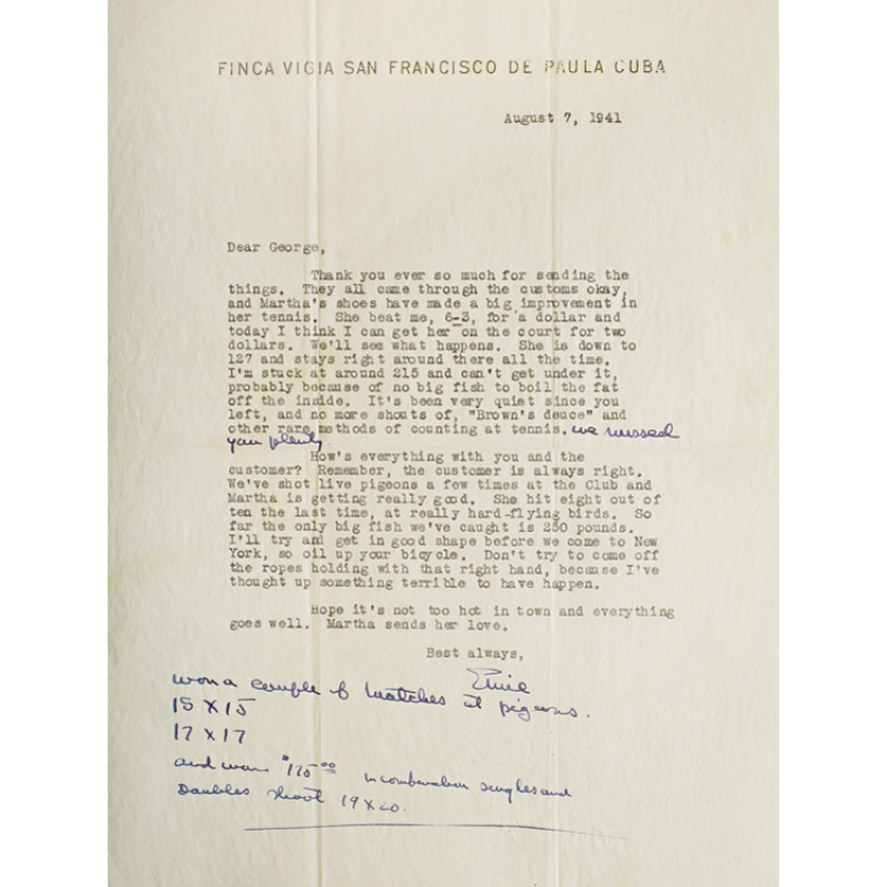Ernest Hemingway Letter from Ernest Hemingway to George Brown