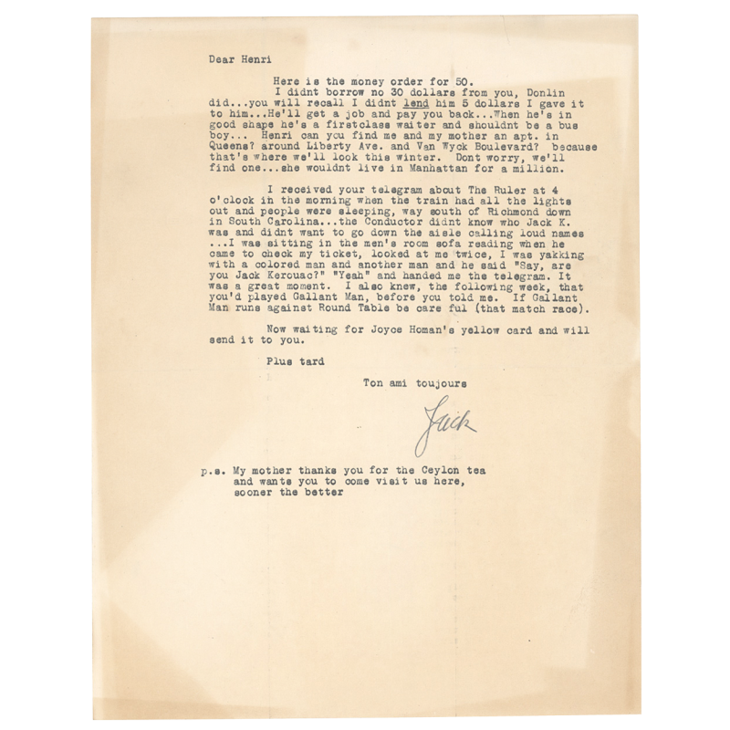KEROUAC, JACK Letter from Jack Kerouac to Henri Cru